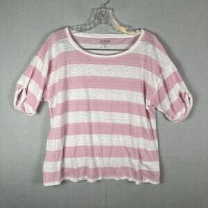 J.Crew 100% Linen Knit T-Shirt Tee Womens Medium Pink White Stripes Lightweight